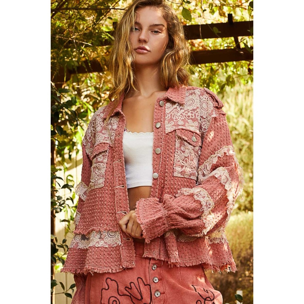POL Coral Pink Twill & Lace Patchwork Jacket | Button Front Balloon Sleeves - Picture 2 of 6